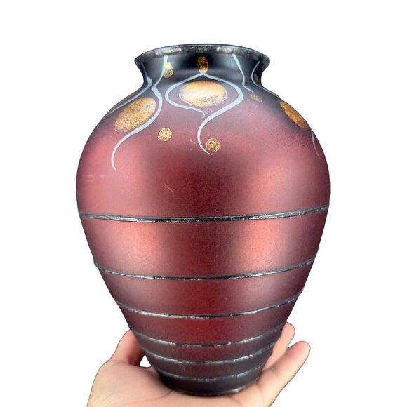 MIRACLE STUDIO CZECH ART VLASTA VOBORNIKOVA GLASS VASE SIGNED PAINTED RED BLACK - Picture 2 of 14